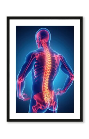 3D Medical Illustration of a Man with Middle Spine Pain on Blue Background