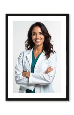 Pro woman doctor with dark wavy hairs in lab coat. Smiling physician with folded arms against transparent background. Medical staff, healthcare, confident practitioner, trusted advisor, therapist.
