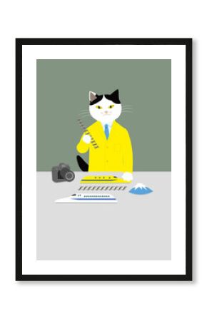 黄色い白衣を着た猫　新幹線のお医者さん　鉄道マニア撮り鉄カメラと富士山