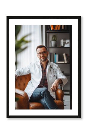 a realistic happy psicologist on his office waiting for his next patient 