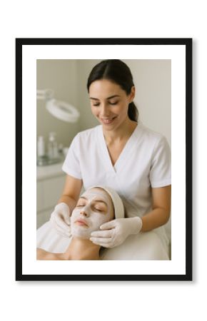 Esteticista aplicando máscara facial em cliente relaxada durante tratamento de beleza em clínica estética