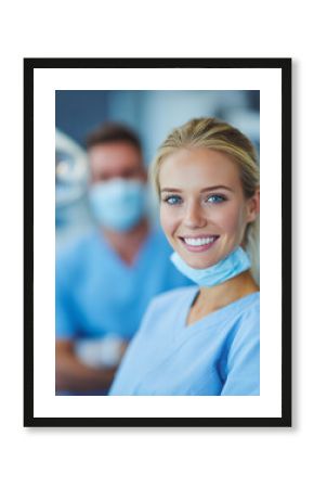 Portret uśmiechniętej lekarki w gabinecie stomatologicznym. Kobieta ma na sobie błękitny strój medyczny i odsłoniętą maskę. W tle widać mężczyznę.