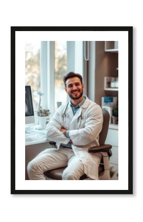 a realistic happy psicologist on his office waiting for his next patient 