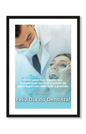 Dia do dentista. 25 de outubro. Um dentista atende uma paciente em um consultório, celebrando o Dia do Dentista com dedicação e cuidado à saúde bucal.