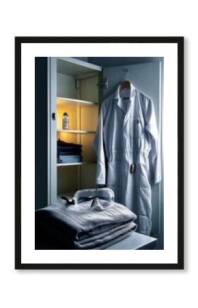Lab coat and protective gear in a cabinet