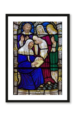 Jerusalem - birth of st. John the Baptist scene on windowpane in st. George a church