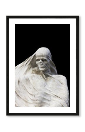 Statue of the Death focusing on head skull and torso with a veil on isolated black background