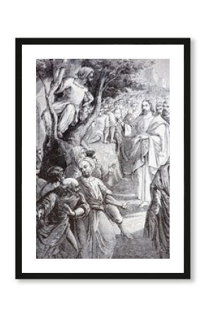 SEBECHLEBY, SLOVAKIA - JULY 27, 2015: The Christ Calling Zacchaeus  lithography by artist Scheuchl 1907 in the book "Zivot Jezisa Krista bozskeho Spasitela naseho" printed in Trnava.