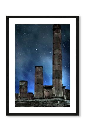 Ancient city of Pompeii in night, Italy. Roman town destroyed by Vesuvius volcano.