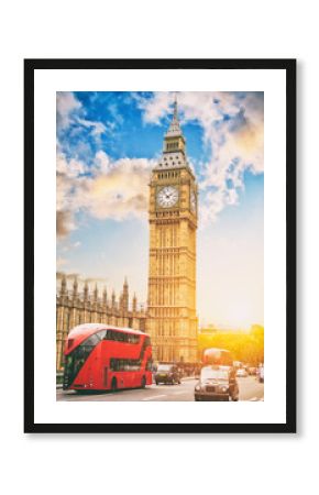 The Big Ben and the House of Parliament with double deckers, London, UK.