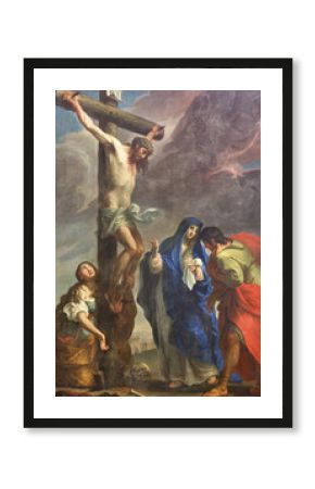 PARMA, ITALY - APRIL 16, 2018: The painting of Crucifixion in church Chiesa di San Antonio Abate by Giuseppe Peroni (1710 - 1776).