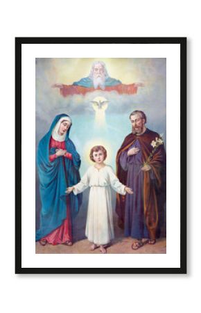 SEBECHLEBY, SLOVAKIA - FEBRUARY 27, 2016: Typical catholic image of Holy Family and Trinity (in my own home) from the end of 19. cent. printed in Germany originally by unknown painter.