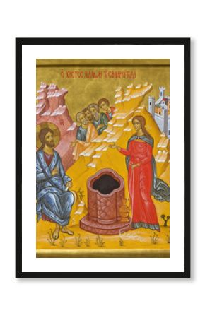 BOLOGNA, ITALY - APRIL 18, 2018:The icon of Jesus and Samaritans at well scene in church  Chiesa di San Pietro by Giancarlo Pellegrini.