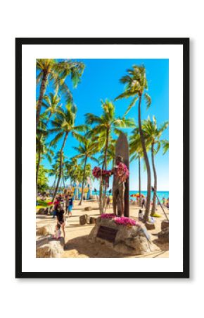HONOLULU, HAWAII - FEBRUARY 16, 2018: View of the sculpture on the city beach. Copy space for text. Vertical.