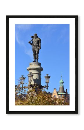 Thor with his hammer Mjolnir, sculpture militant Nordic god of Yurgordsbrun bridge (1897). Stockholm, Sweden