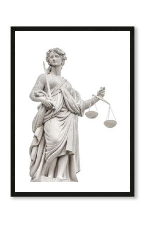 Statue a judge woman with scales and sword isolated at white background in Potsdam, Germany, details, closeup