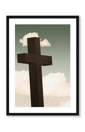 Weathered wooden cross is standing in flat design sky gradient scene with scattered white clouds