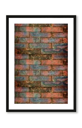 Flat design showing weathered red brick wall surface with moss, lichen on transparent background