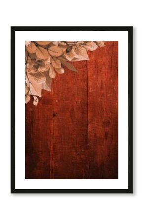 Two-tone leaf cluster with slender branch is hanging over red wooden wall in flat design