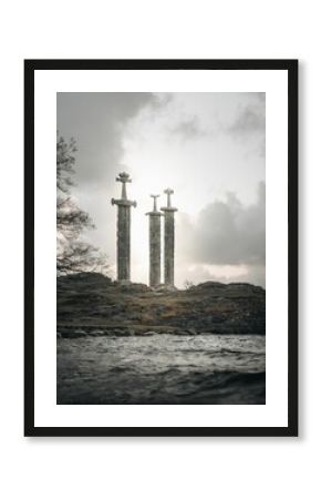Aerial view of Stavanger swords surrounded by water in Norway