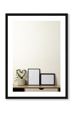 Vertical of two empty black frames with copy space and plant on table against white wall