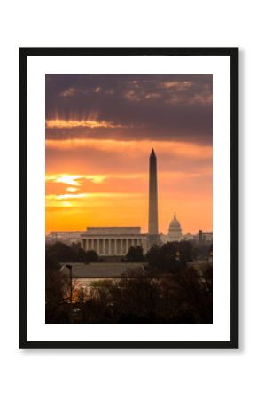 Fiery sunrise over monuments of Washington
