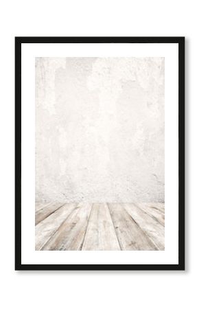 Empty a white interior of vintage room - gray grunge concrete wall and old wood floor. Realistic 3d as perfect background for your concept or project.