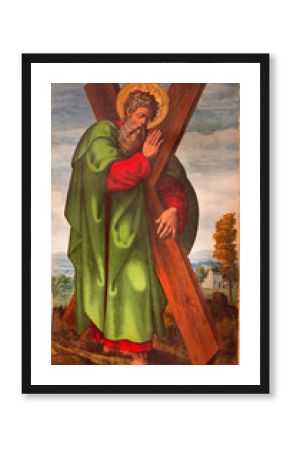 AVILA, SPAIN, APRIL - 18, 2016: The St. Andrew the apostle painting in Catedral de Cristo Salvador by unknown artist from 15. cent.