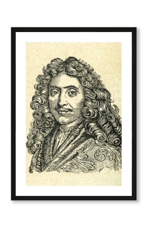 Vintage sepia retro drawing image portrait of famous french actor, poet and of the greatest writers Moliere.