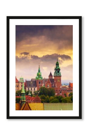 Panoramic view of Wawel Castle from clock tower in the main Market Square, Cracow, Poland. Aerial view