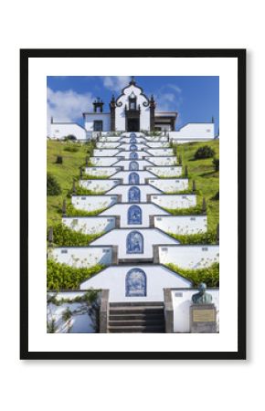Hermitage of Our Lady of Peace, a temple built in 1764, on the top of an elevation, a scraper representing the Via Franca, in the city of Ponta Delgada, Azores Islands, Portugal.