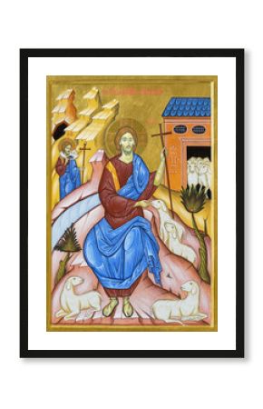 BOLOGNA, ITALY - APRIL 18, 2018: The icon of Christ as the Good Shepherd in church  Chiesa di San Pietro by Giancarlo Pellegrini.