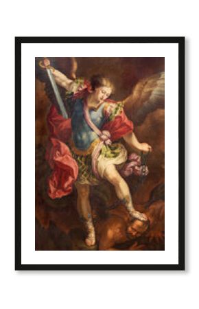 ZARAGOZA, SPAIN - MARCH 2, 2018: The painting of Michael Archangel in church Iglesia de la Exaltación de la Santa Cruz by Manuel Eraso (after Guido Reni in Rome) from 18. cent.