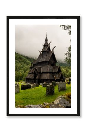 Borgund stave church (stavkyrkje) in Norway in cloudy weather