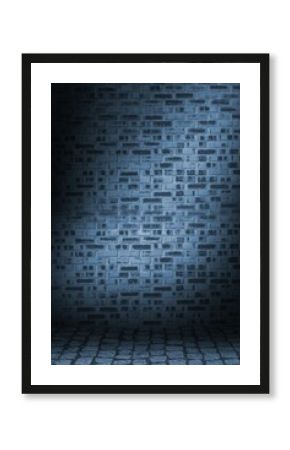 Flat design interior scene is showing exposed brick wall and cobble floor under cool-toned lighting