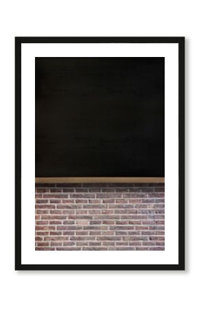Flat design is showing blank blackboard being mounted on wooden frame above exposed brick wall