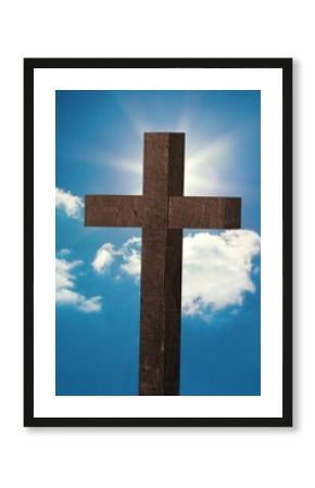 Flat design is featuring rough wooden cross against blue sky with clouds, sun casting halo glow