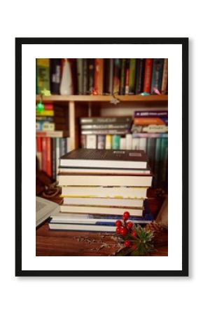 Christmas tree with books, bookshelf,  pine cone, christmas decorations.