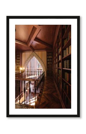 A 3d rendered interior old gothic fantasy library background. 