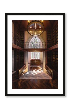 A 3d rendered interior old gothic fantasy library background. 