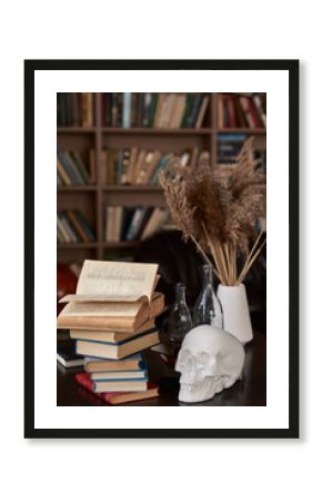 Books  with gypseous skull on table. Bookshelf background