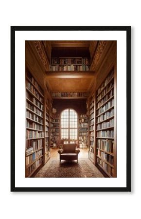 Beautiful library architecture with giant bookshelves, epic interior with large windows, luxury design for architecture lovers. Photo realistic, concept art, cinematic light, illustration