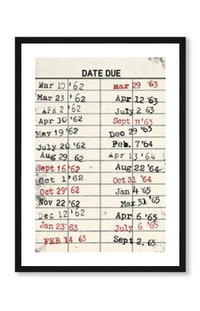 Retro library card with smudged stamped due dates in the 1960's
