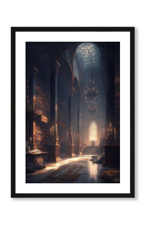 interior of big medieval library with antique books. generative ai