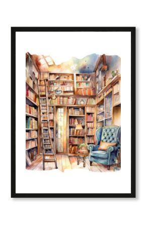 Watercolor books, bookstore image, home, booklover, Generative AI, png image.