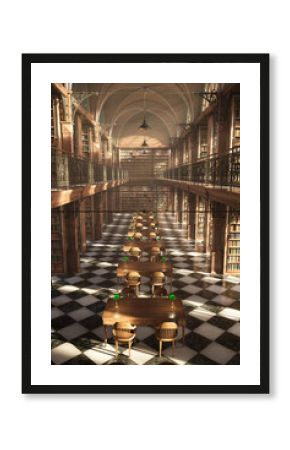 An old library full of beautiful wooden shelves stacked with vintage books.