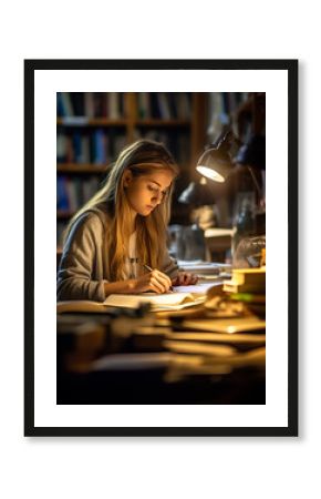 Young woman or student, studying for an exam in a library surrounded by books and notes. Concept of learning, reading and preparing. Shallow field of view.