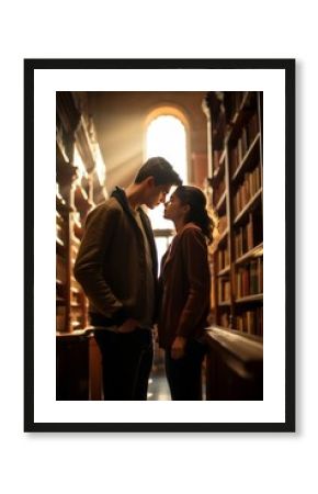 A young couple of students in love hide and kiss in the library. A guy and a girl among the bookshelves. Generative AI.