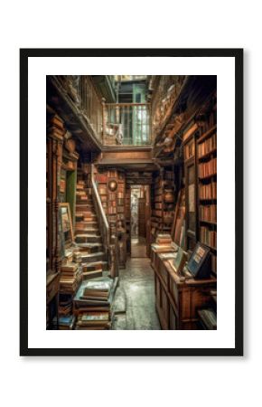 Old book store. Library with mountains of books. Generative AI.