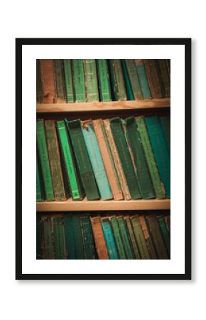 A dimly lit library with a shelf of well-maintained green books arranged in a horizontal line. No specific titles or decorative items are visible. Unknown location and angle.